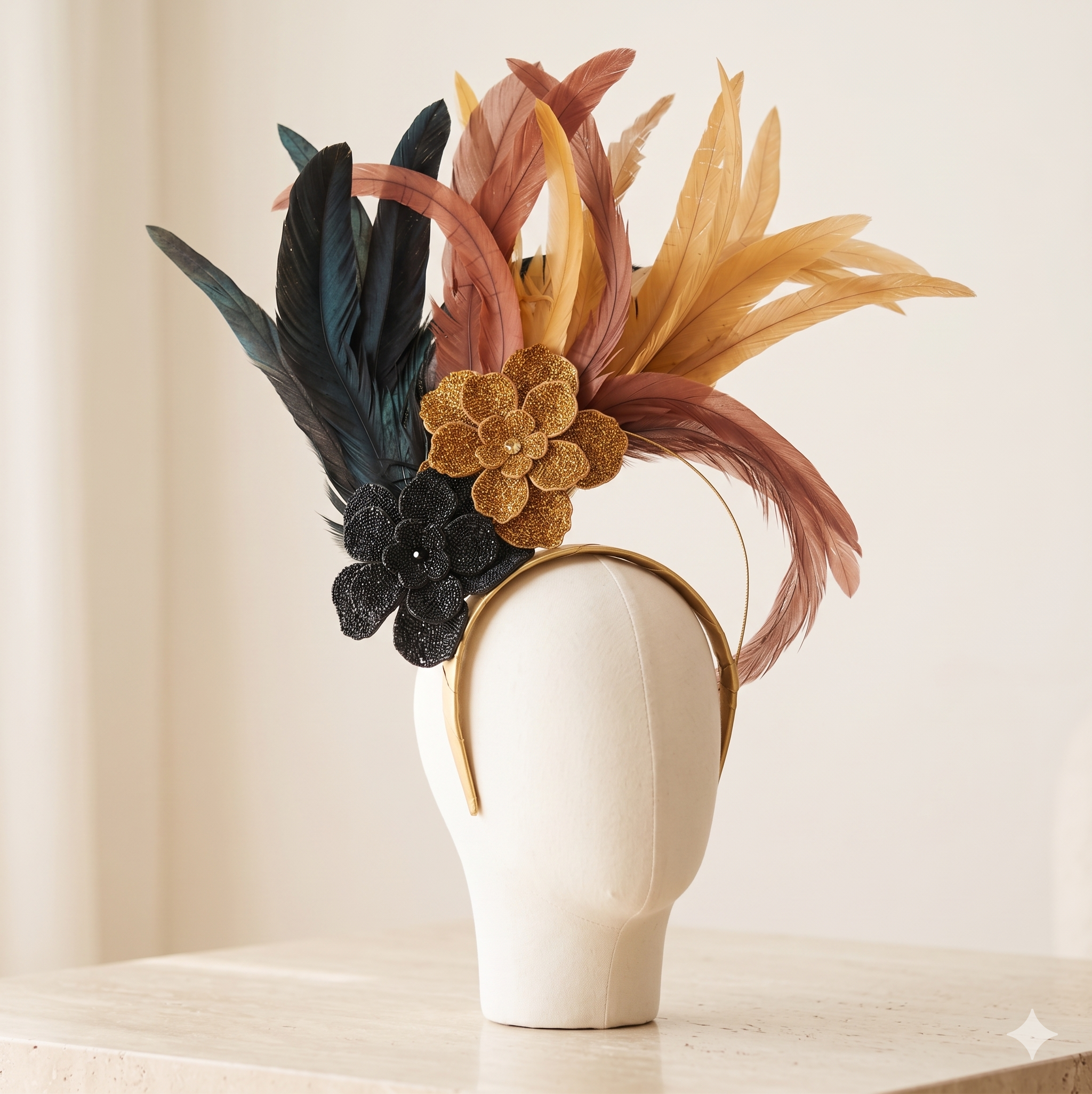 Tiara Ouro Negro, composta por flores de glitter preto e bronze com plumas altas.