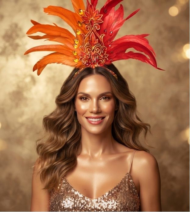 Tiara de Carnaval de Plumas Vermelhas e Laranjas