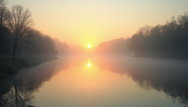 Eye-level view of a serene sunrise over a quiet river with gentle mist