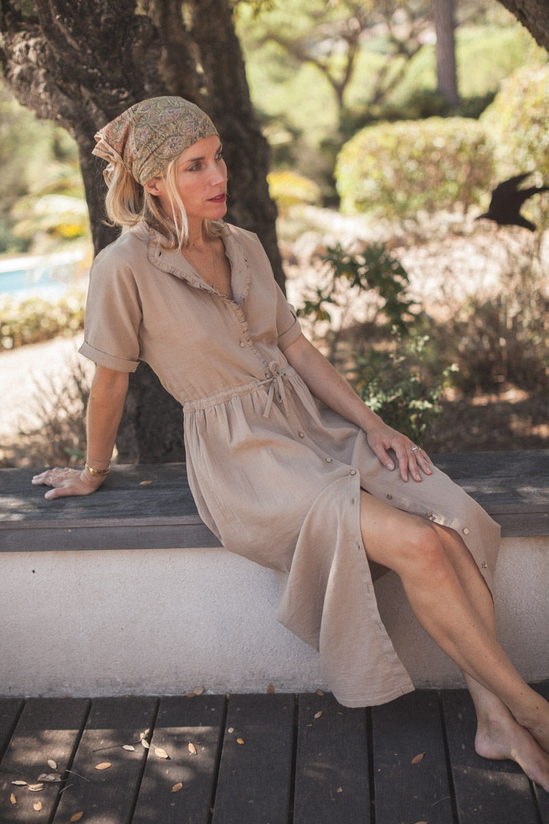 Thumbnail: Robe femme Anna gaze de coton camel - Marlot