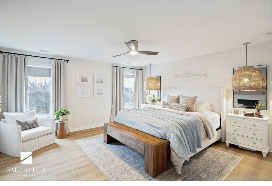 Sherwin Williams Sanctuary really brought a subtle warmth to the space without taking away from the overall calm of the room. You can see the contrast in the trim.