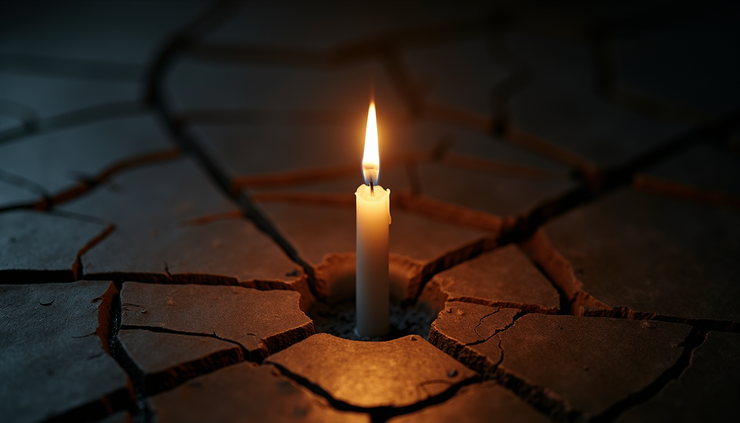 High angle view of a single candle flame illuminating a dark cracked surface