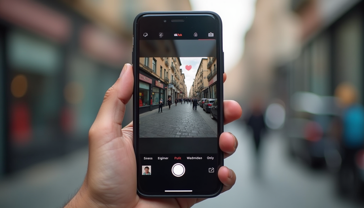 Eye-level view of a smartphone showing TikTok video creation screen with a custom sticker being positioned