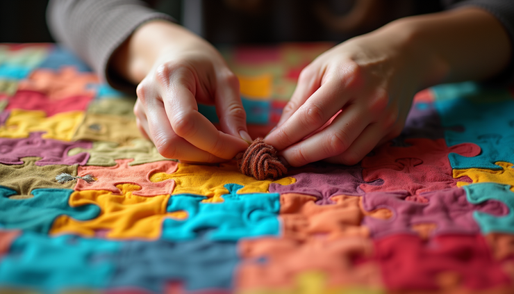 Eye-level view of a colorful quilt being stitched together by hands