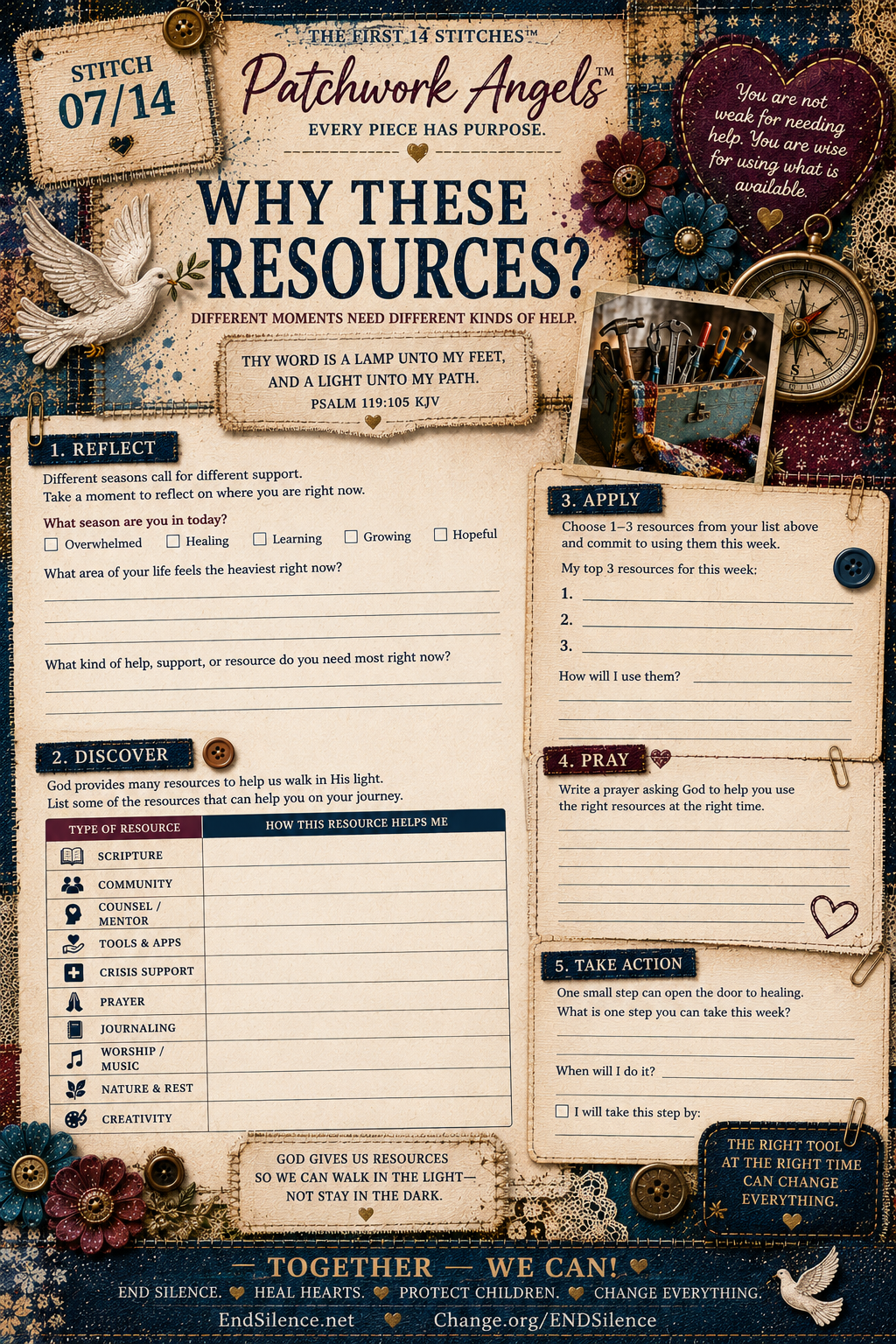 Printable Stitch 07 worksheet titled Why These Resources?, with reflection prompts, a resource-mapping table, prayer space, and one action step.