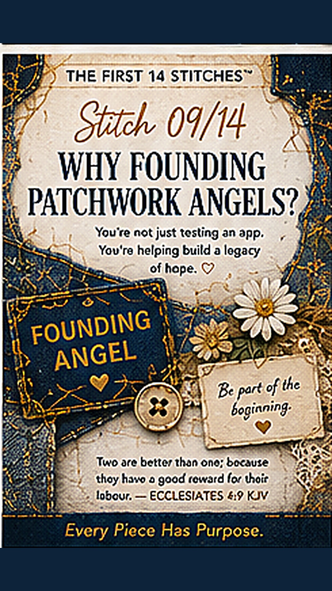 Stitch 09 of 14 — Why Founding Patchwork Angels? founding beta community countdown graphic.