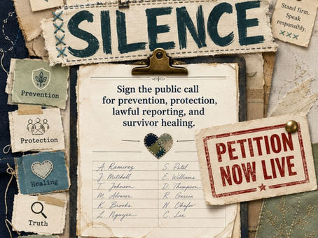 END SILENCE petition graphic with a layered scrapbook-style design, signature lines, stitched textures, and a call to sign the Change.org petition for prevention, protection, lawful reporting, and survivor healing.