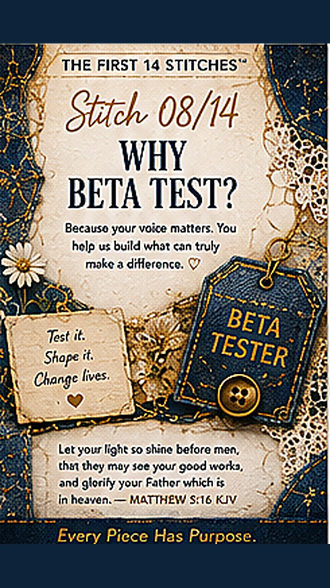 Stitch 08 of 14 — Why Beta Test? Patchwork Angels Android beta tester count-up graphic.