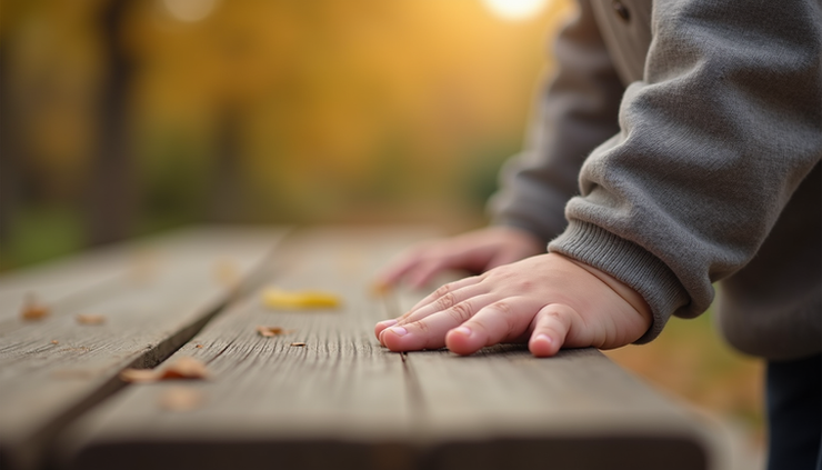 Eye-level view of a child’s small hands gripping the edge of a wooden picnic table