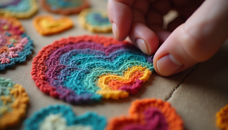 Close-up of a single hand sewing a bright patch onto a quilt