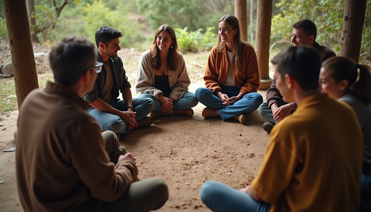 High angle view of a circle of people sitting together in a community meeting