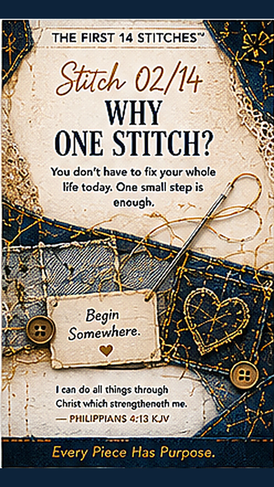 Stitch 02 of 14 — Why One Stitch? Patchwork Angels healing one stitch at a time countdown graphic.