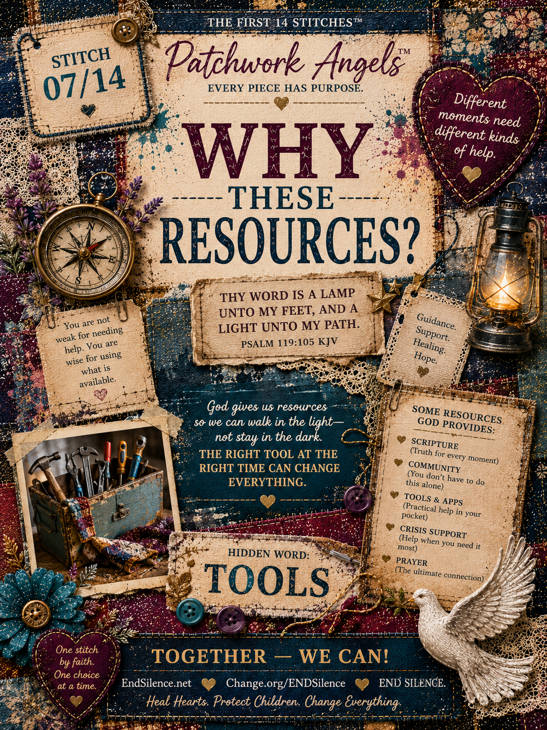 Patchwork Angels™ Stitch 07 campaign flyer titled Why These Resources?, featuring Psalm 119:105 and a patchwork toolbox theme.
