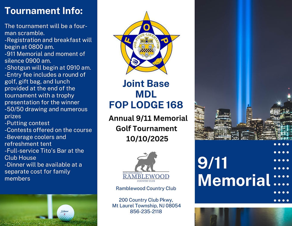 Golf tournament flyer for Joint Base MDL FOP Lodge 168. Includes event details and a NYC skyline with 9/11 memorial lights.