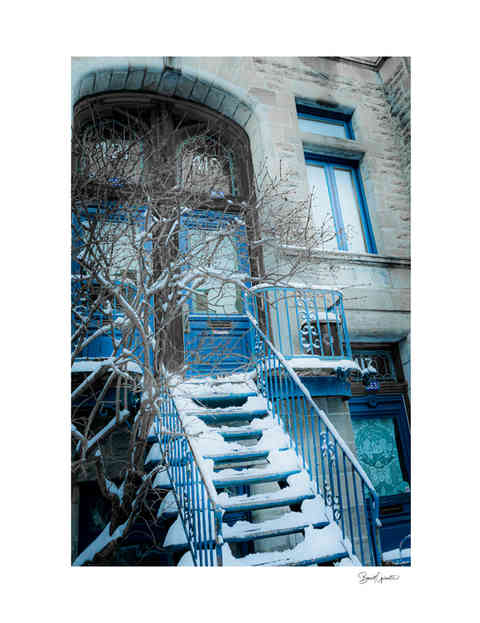 Photo en noir, blanc et bleu d'escaliers enneigée d'un immeuble du quartier Plateau Mont-Royal à Montréal.