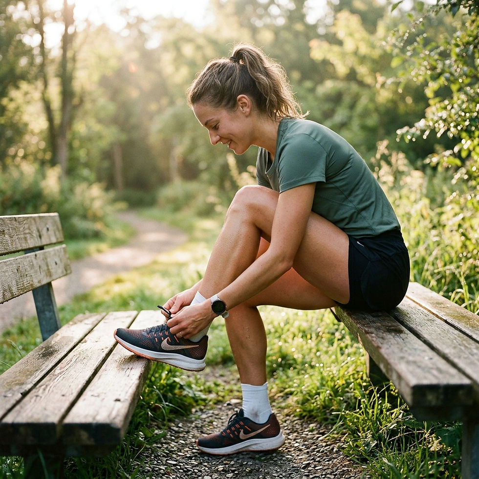 Sport gegen Cellulite: Warum reines Ausdauertraining nicht ausreicht. Eine sportliche Frau schnürrt sich die Laufschuhe