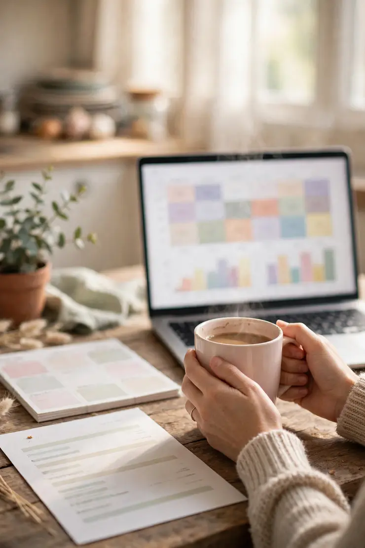 Calm Mom Money Tracker — a gentle money planner for busy moms, shown on a laptop