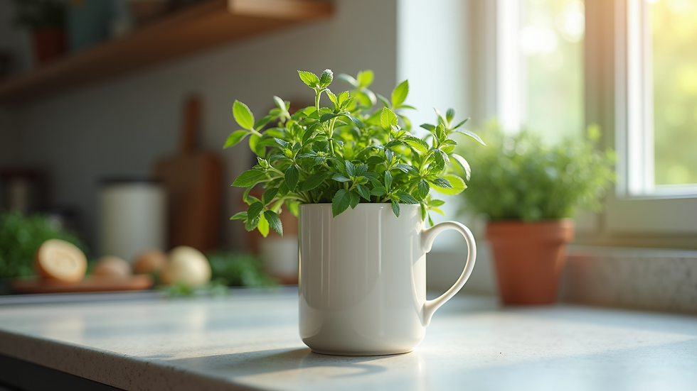 Eye-level view of a ceramic mug filled with fresh herbs on a kitchen counter
