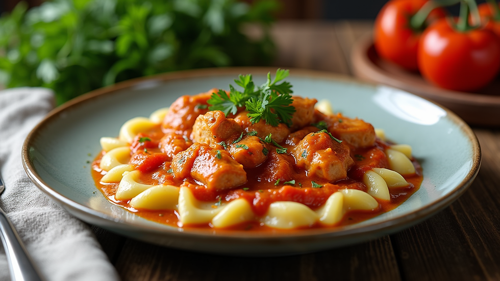 High angle view of a plated serving of Hungarian chicken paprikash with nokedli and parsley garnish