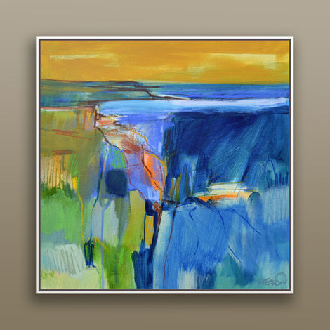A semi-abstract painting with lots of colour, inspired by the British landscape