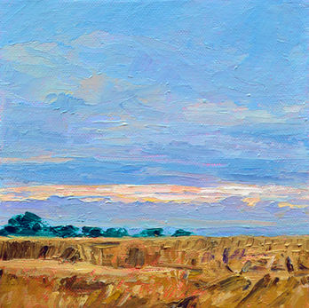 A small oil painting of a view of the British countryside