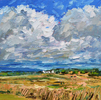 A small oil painting of a view of the British countryside