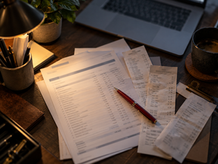 Restaurant back office desk with bank statements and receipts under review