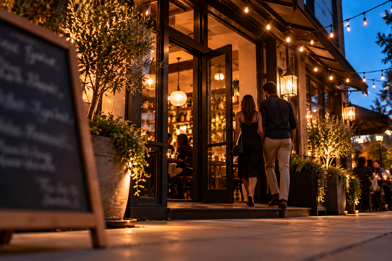 Couple walking into a restaurant entrance at blue hour, under string lights and past a chalkboard menu