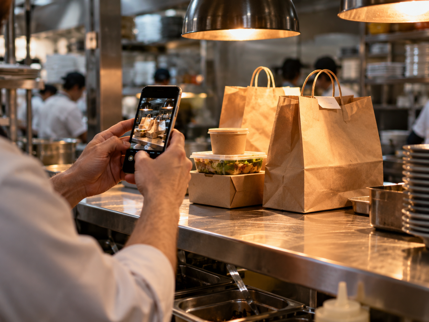 Cook photographing a completed takeout order at the kitchen pass before driver pickup