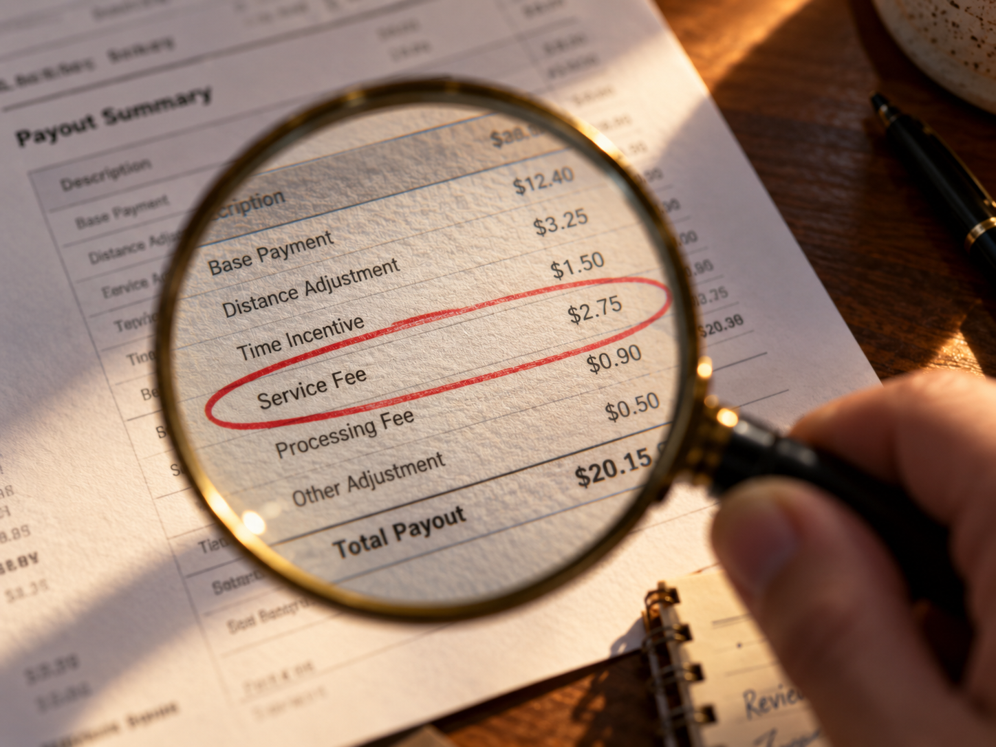 Magnifying glass inspecting delivery payout statement fee line