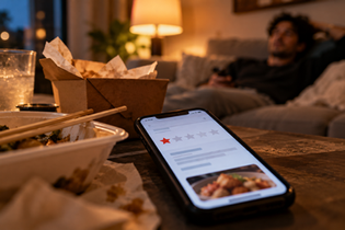 Smartphone on a coffee table at home showing a one-star delivery app review, takeout containers beside it