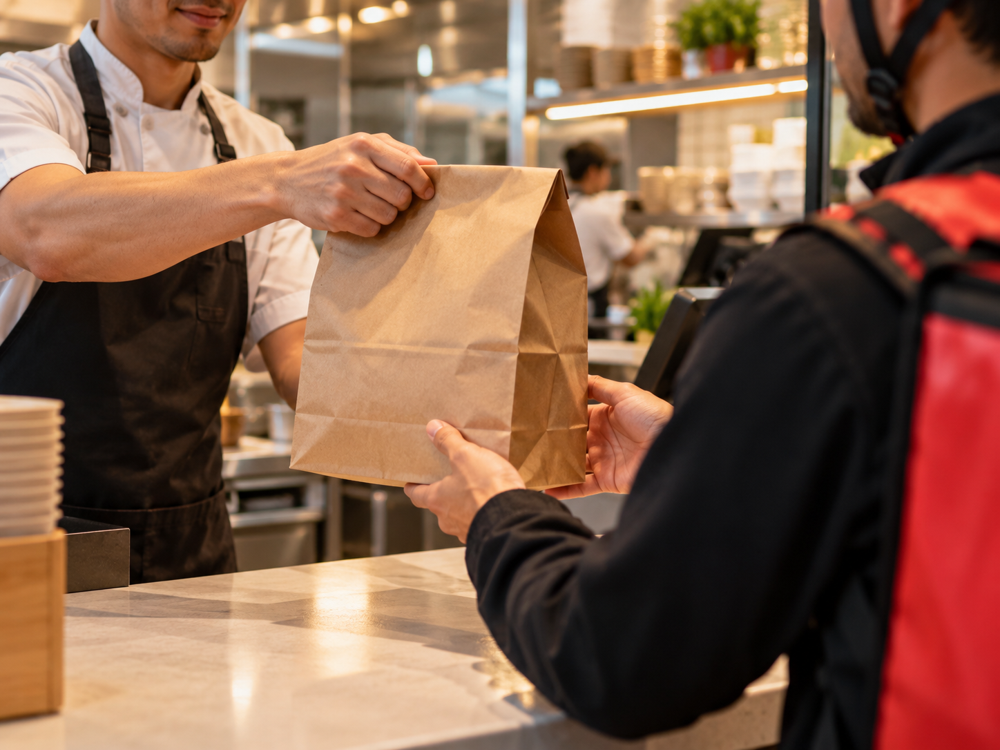 restaurant-handing-prepared-food-bag-to-delivery-driver