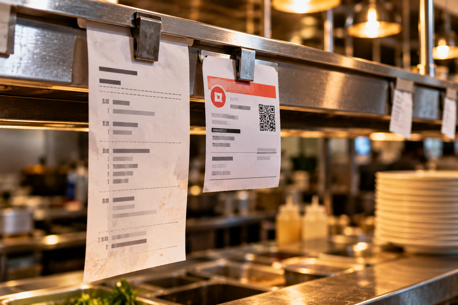 Kitchen ticket clipped next to a delivery order label on a ticket rail