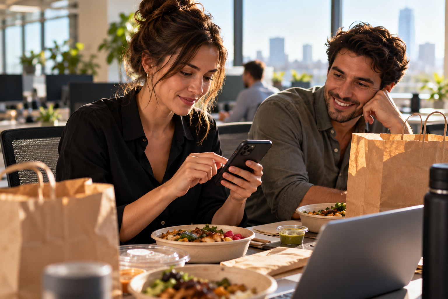 Coworkers at an office desk with delivery takeout, one typing a review on a smartphone
