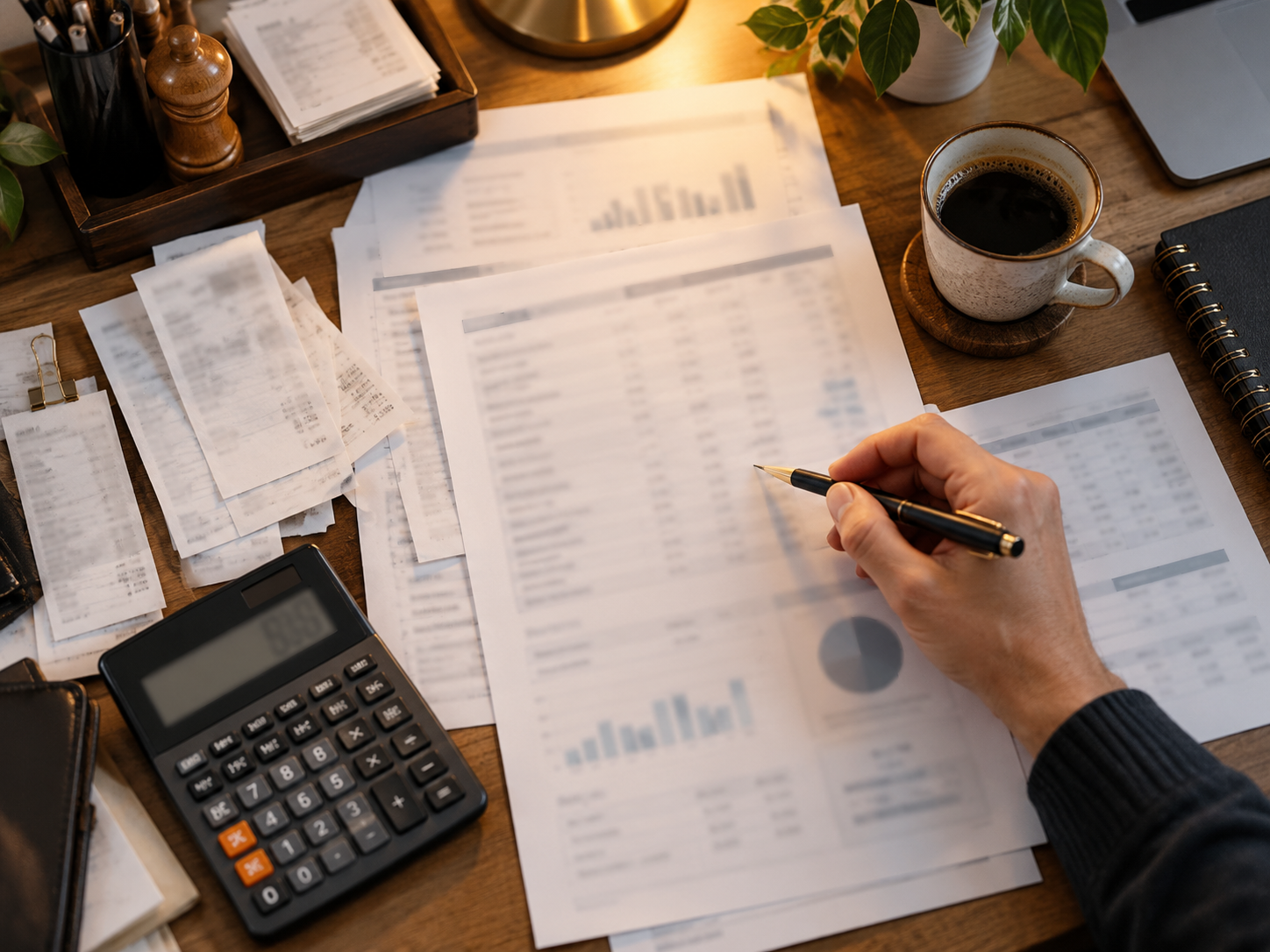 Payout statements and receipts spread across a desk with a calculator during an audit