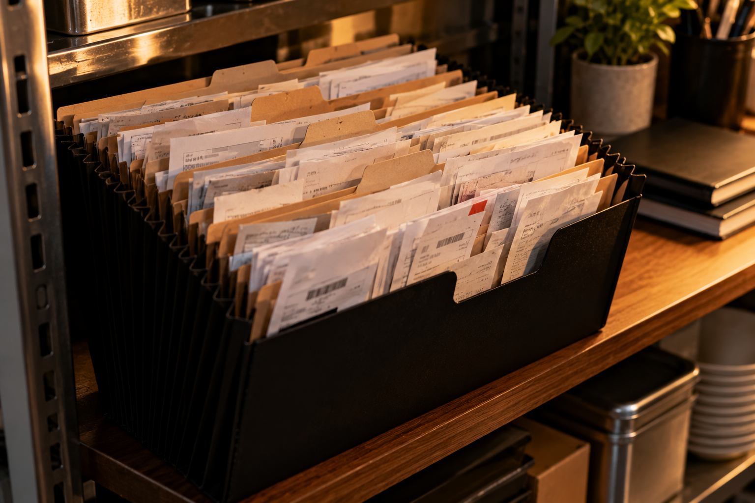 Organized file folder of receipts and order tickets for delivery dispute documentation