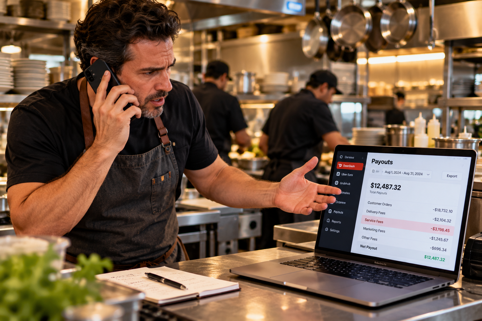 Restaurant owner disputing a payout charge by phone in the kitchen
