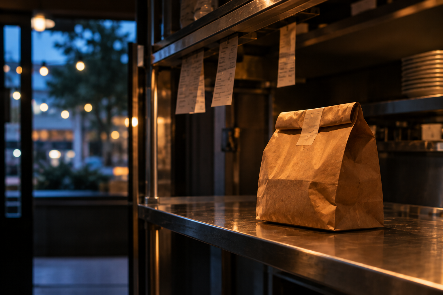 A single sealed delivery bag left waiting on an empty restaurant pickup shelf at dusk