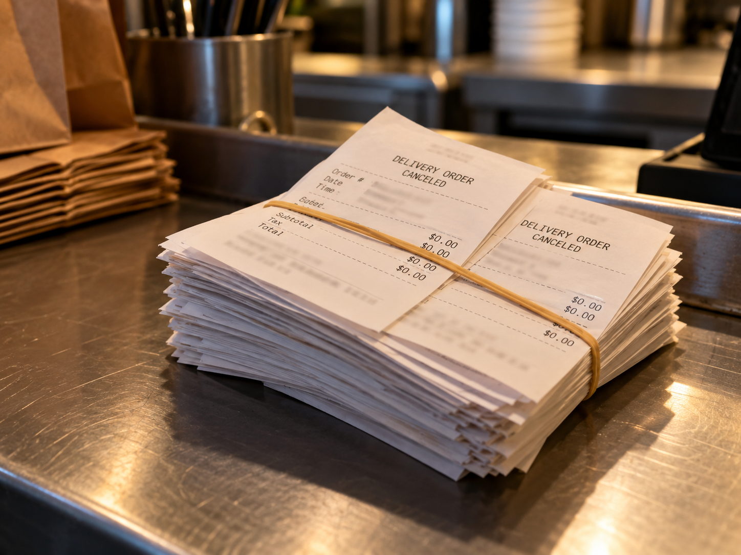 Stack of canceled delivery order receipts showing zero payout