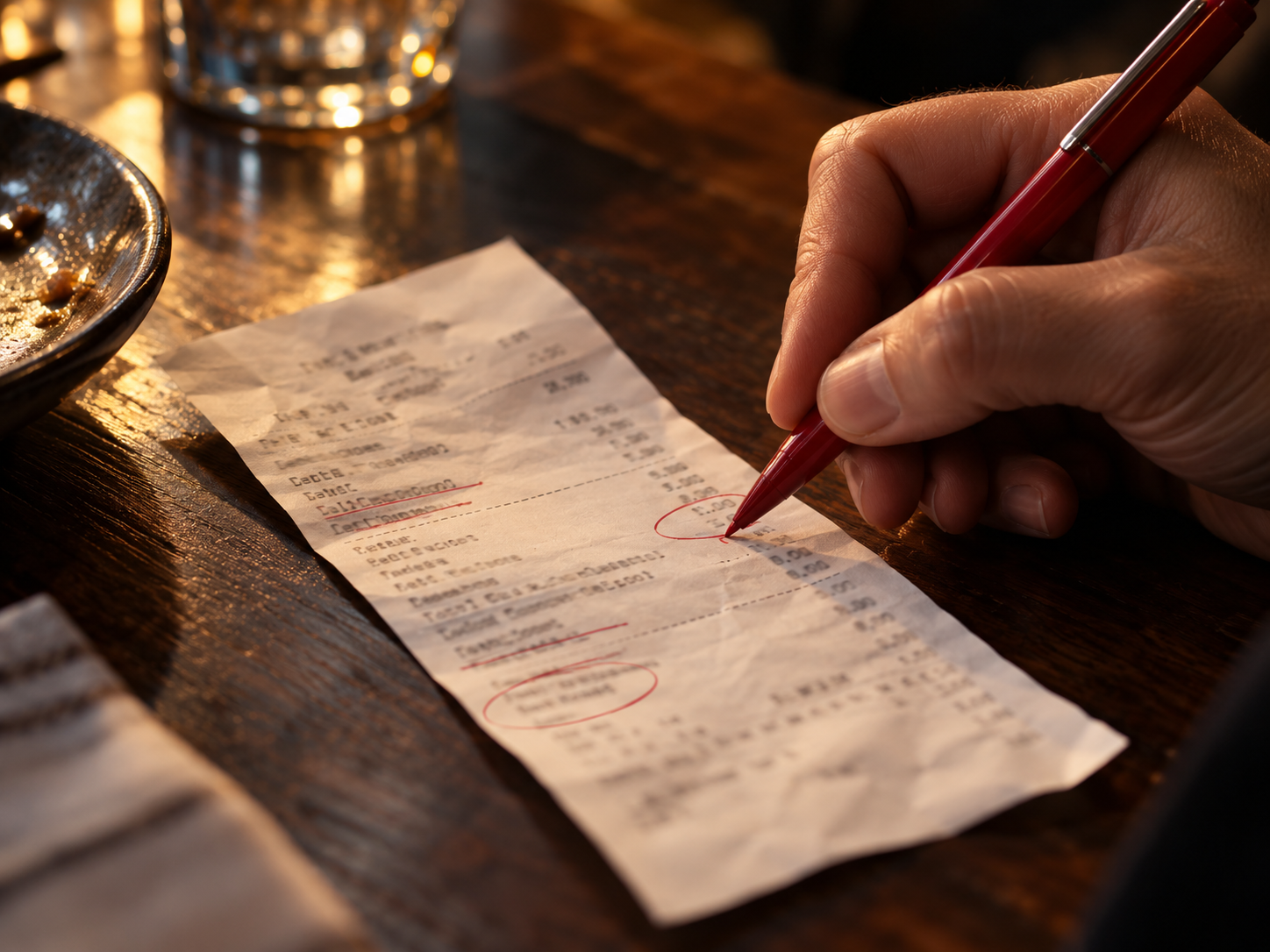 Hand marking up a restaurant receipt with a red pen during a chargeback review