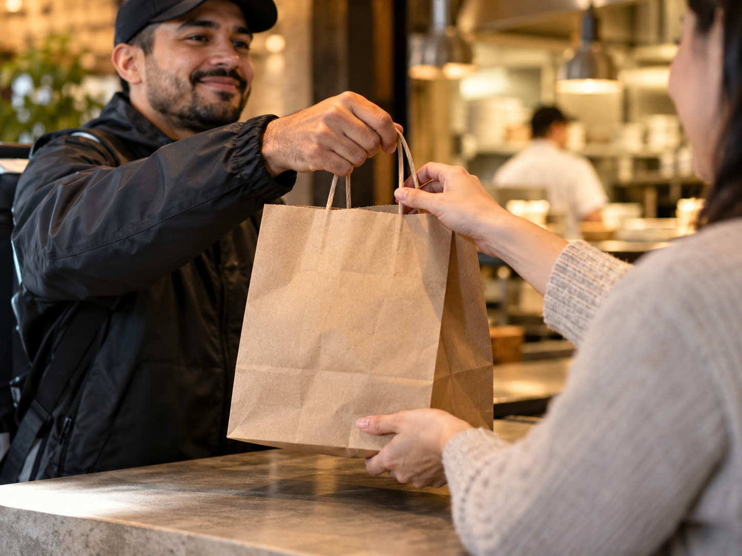 Delivery driver handing a paper takeout bag across a restaurant counter