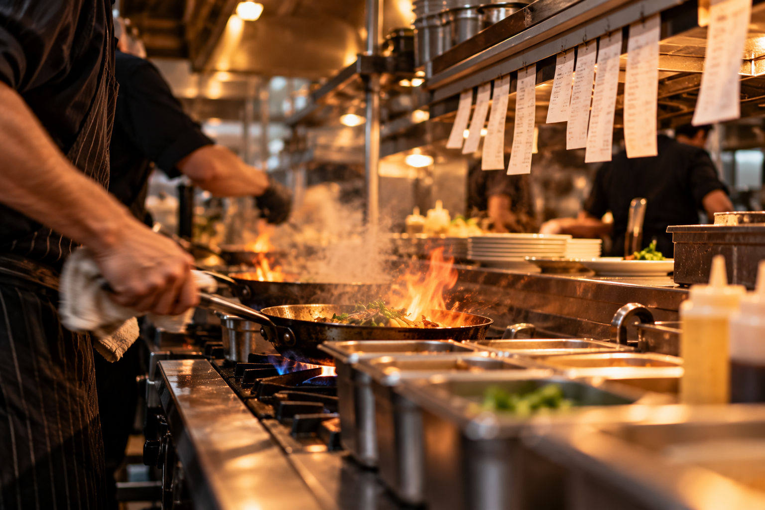 Cooks working a busy restaurant kitchen line with flaming pans and a rail of order tickets during the dinner rush