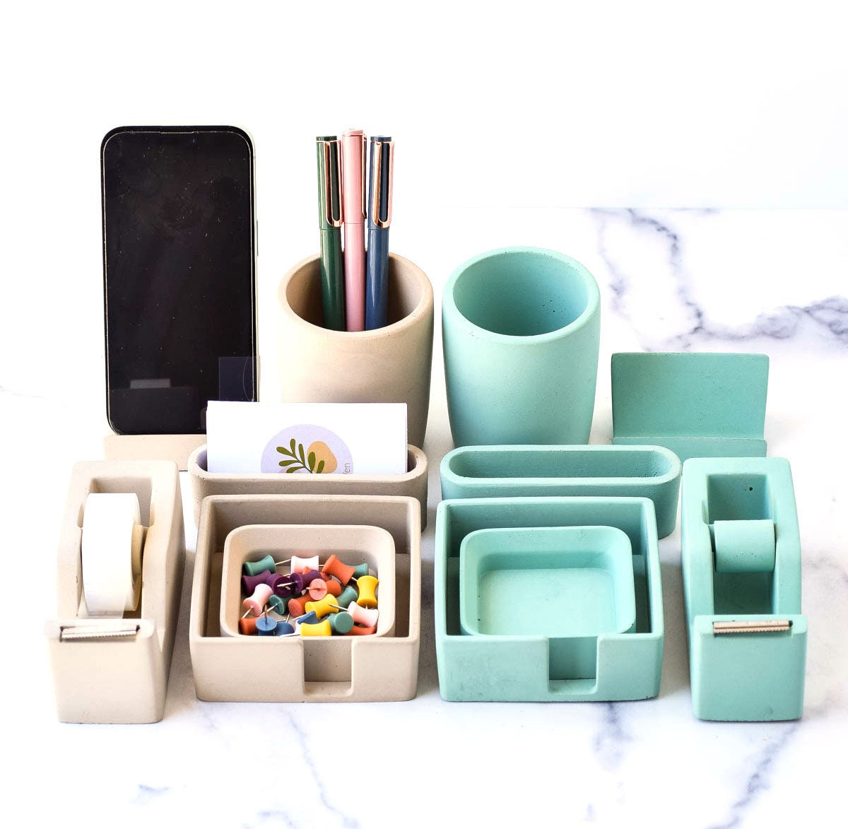 Minimalist Concrete Desk Organizer Set - 6 Pieces, Modern, Handmade Gift, Offic