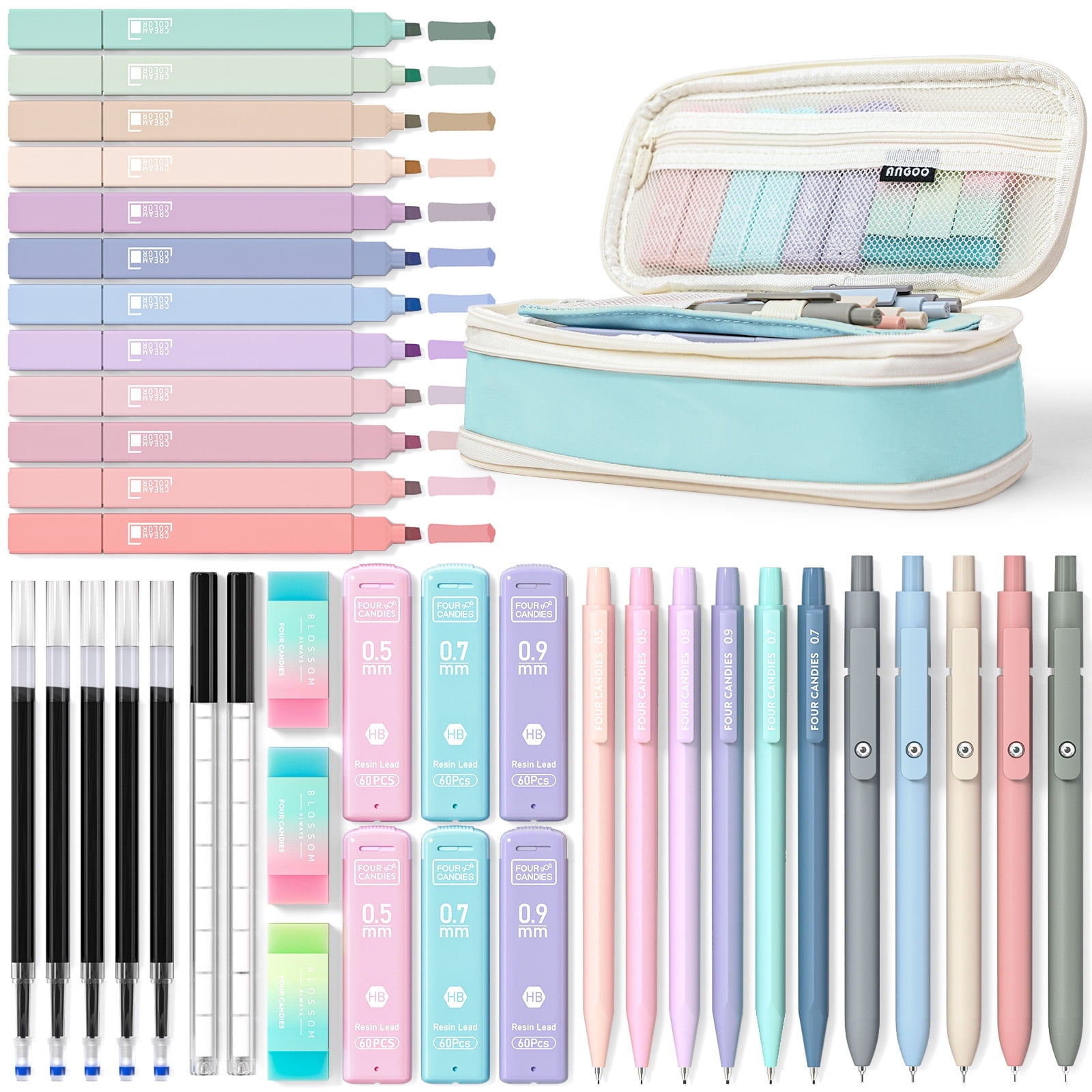 Four Candies 45 PCS Office Supplies with Pen Case, 6 Gel Pens, 6 Art Mechanical