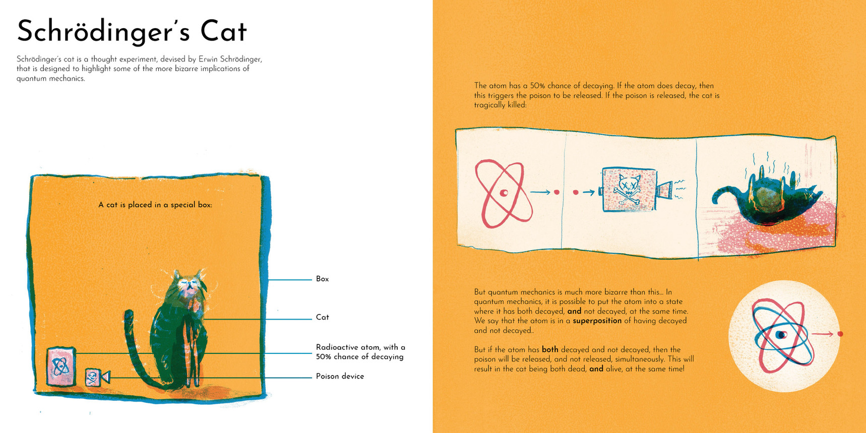 Schrödinger's cat quantum physics illustration illustrated by Joseph Namara Hollis author Paul Knott Nottingham University FQXi Thought experiment
