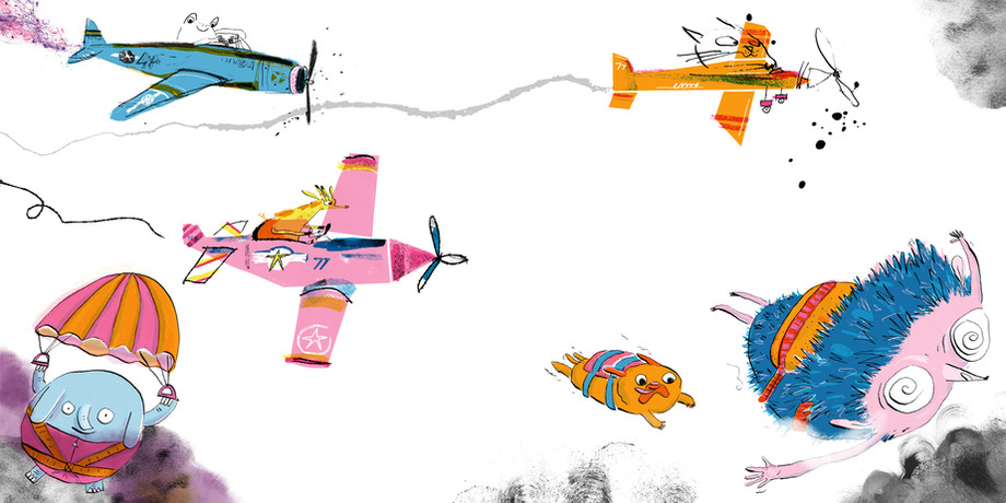 Not in the Mood  Children's book  illustration by joseph namara hollis animal characters flying through the sky with aeroplanes and parachutes