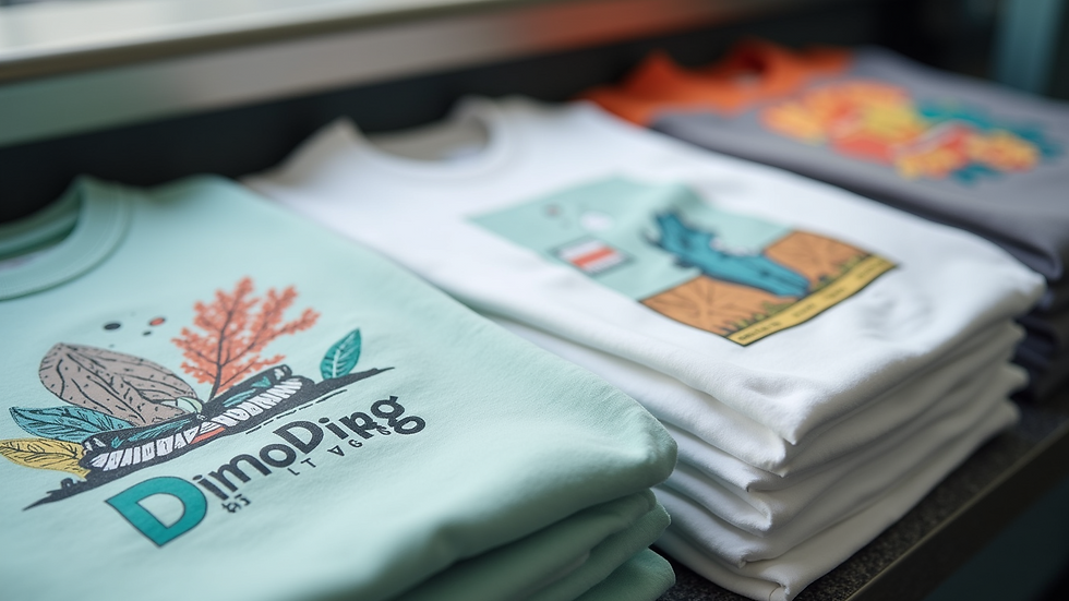 High angle view of a stack of freshly printed t-shirts with vibrant designs