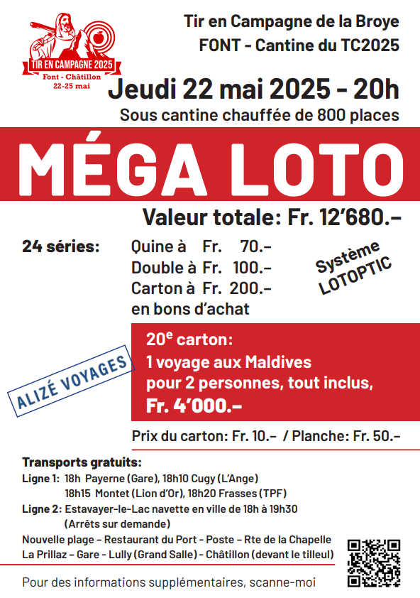 Tir en Campagne de la Broye – 24 séries + 1 carton spécial Maldives – Bingo