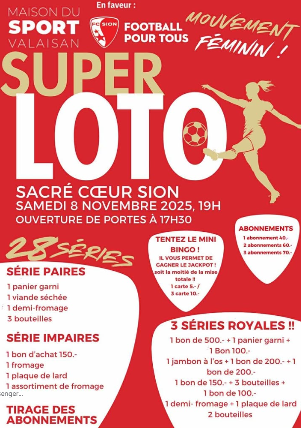 ⚽ SUPER LOTO à Sion – Mouvement Féminin du FC Sion (28 séries + 3 royales)