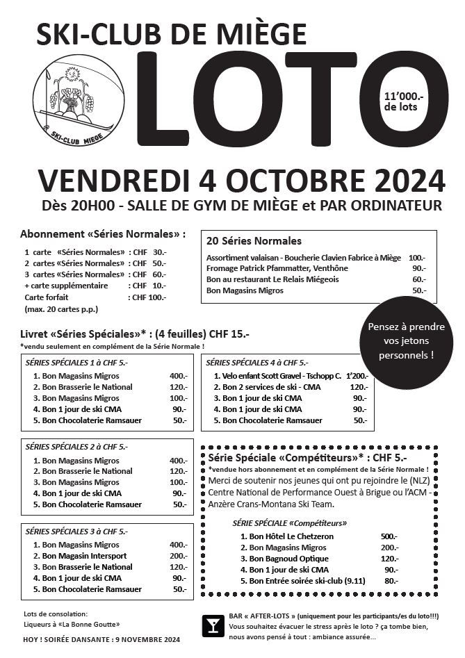 Ski-Club de Miège - 20 séries + 5 spéciales + 11'000.- de lots